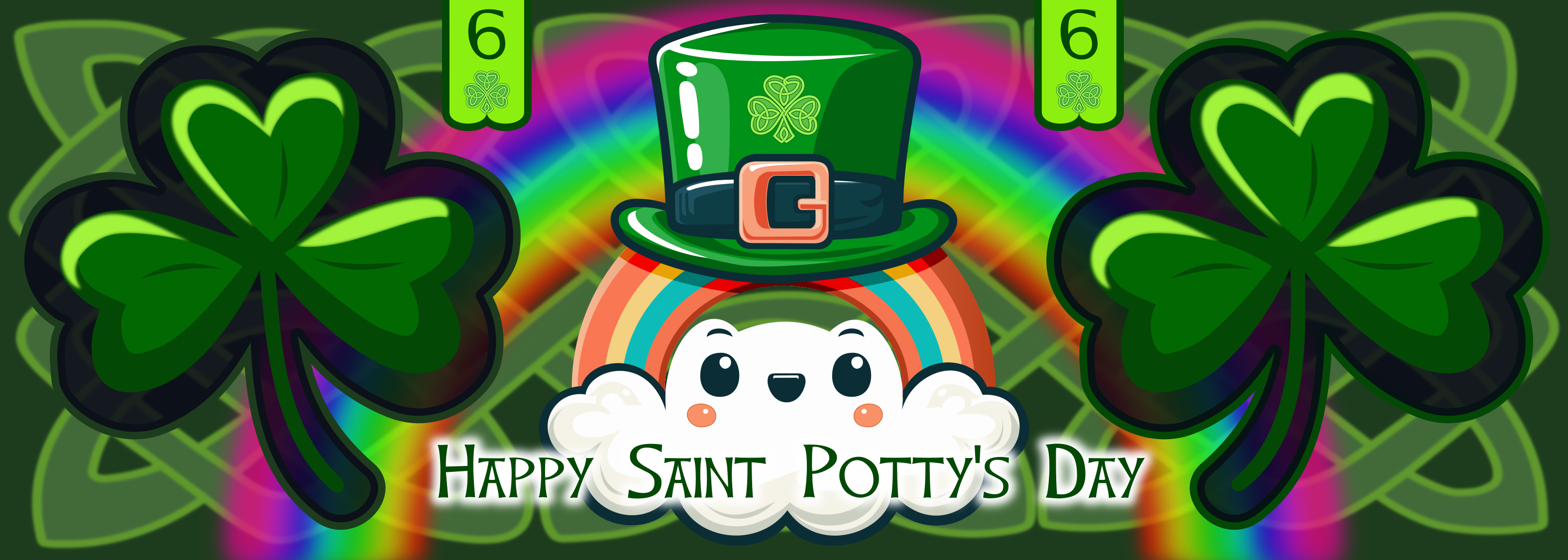 Saint Potty's Day sticker with cloud and rainbow wearing a hat and a celtic knotwork background
