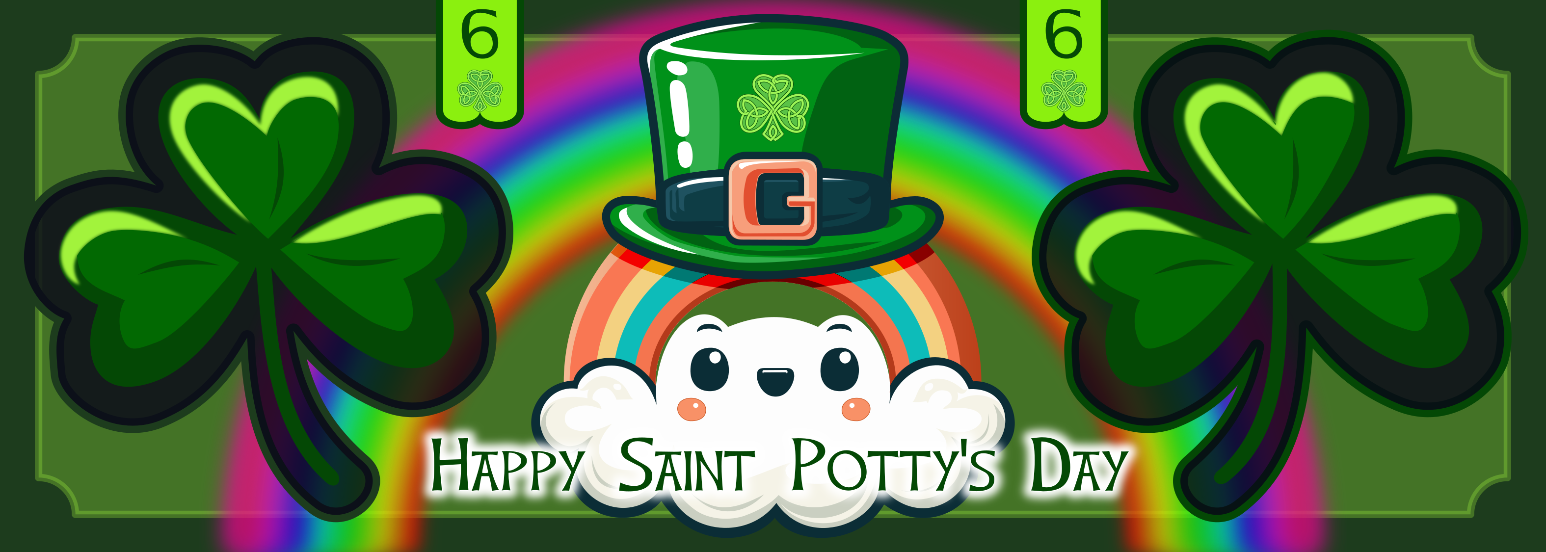 Saint Potty's Day sticker with cloud and rainbow wearing a hat and a simple panel background