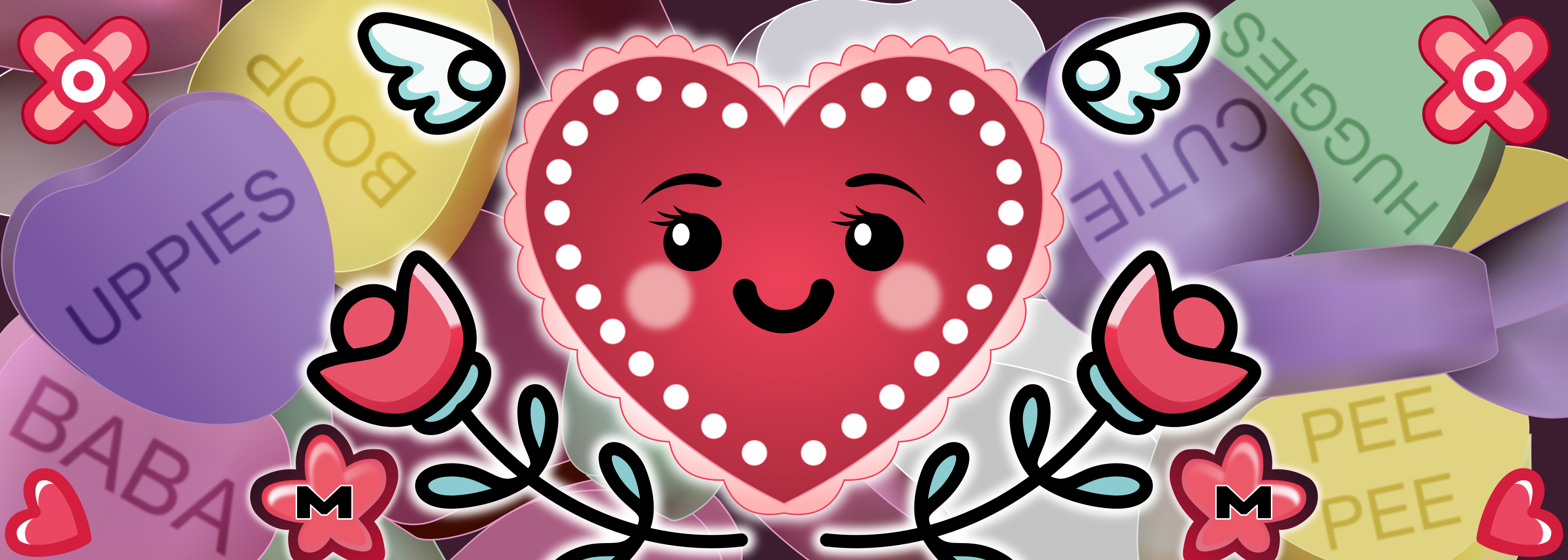 Valentine's Day sticker with cute heart and tulips with a background of candy hearts