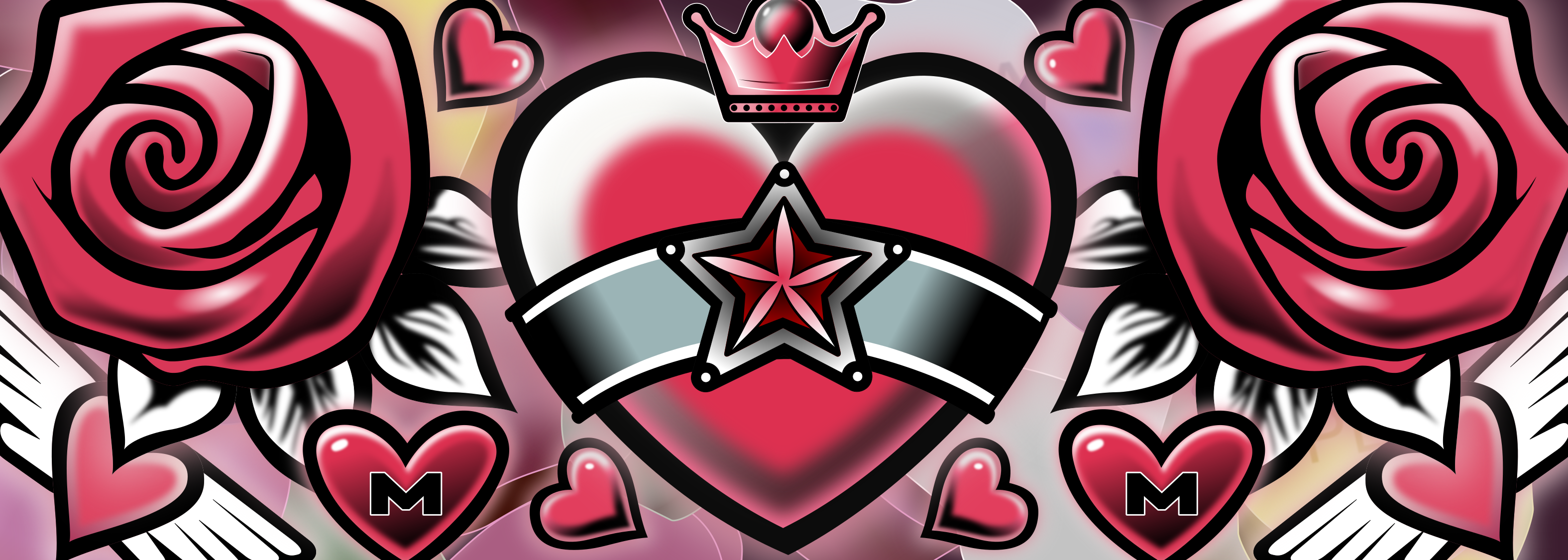 Valentine's Day sticker with tattoo styled crowned heart with a background of candy hearts